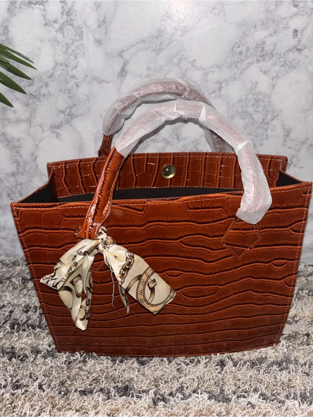 Cognac Croc-Embossed Tote with Scarf Accent